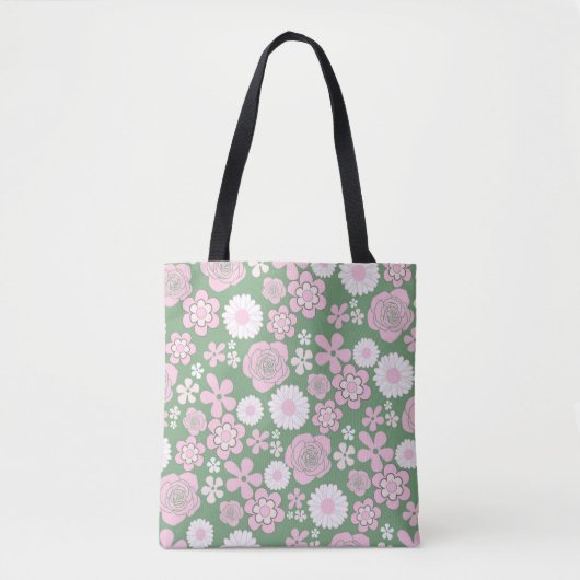 Groen Roze Wit Retro Y2K 70s Bloempatroon Tote Bag (Voorkant)