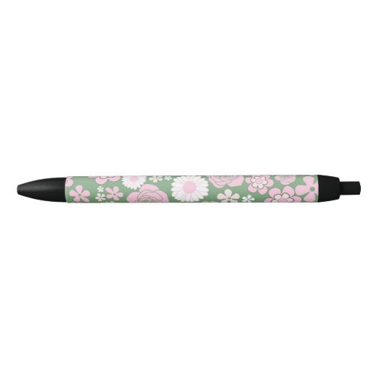 Groen Roze Wit Retro Y2K 70s Bloempatroon Zwarte Inkt Pen (Voorkant)