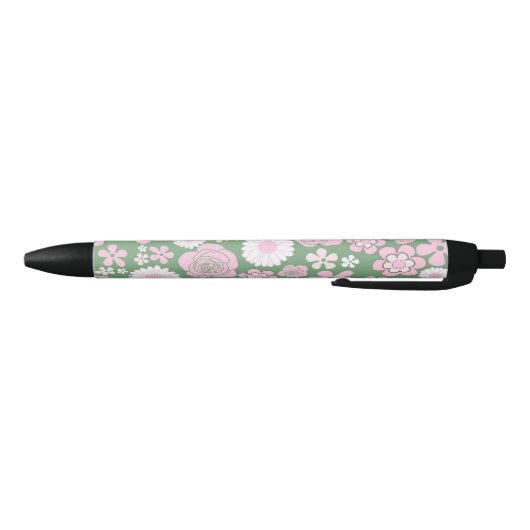 Groen Roze Wit Retro Y2K 70s Bloempatroon Zwarte Inkt Pen (Bodem)