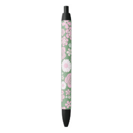Groen Roze Wit Retro Y2K 70s Bloempatroon Zwarte Inkt Pen
