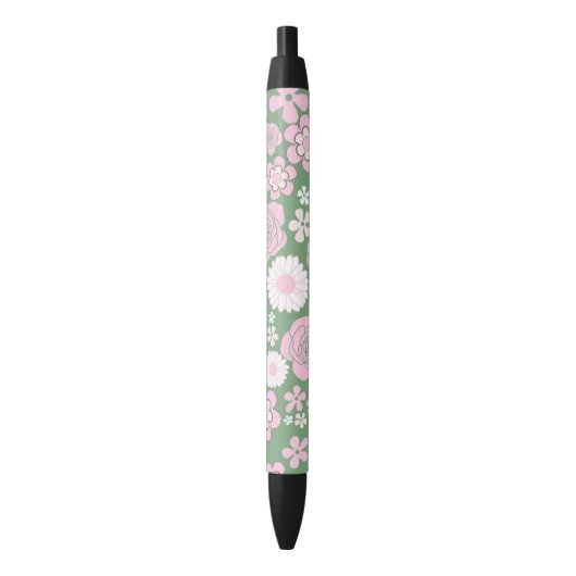 Groen Roze Wit Retro Y2K 70s Bloempatroon Zwarte Inkt Pen (Voorkant Verticaal)