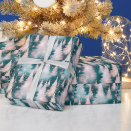 Groen Roze Witte Bomen Moderne Kerst Cadeaupapier