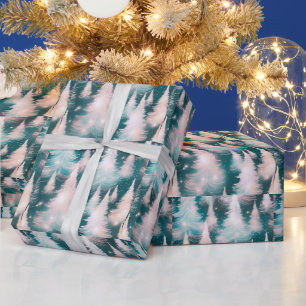 Groen Roze Witte Bomen Moderne Kerst Cadeaupapier