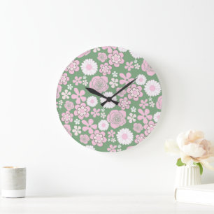 Groen Roze Witte Retro Y2K 70er Bloem Patroon Grote Klok