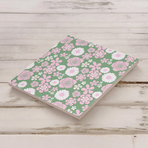 Groen Roze Witte Retro Y2K 70er Jaren Bloem Patroo Tegeltje
