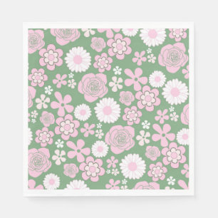 Groen Roze Witte Retro Y2K 70s Bloem Patroon Servet