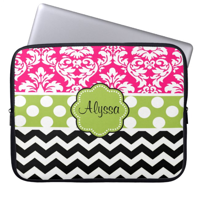 Groen roze zwart dot Damask Chevron Personalizeerd Laptop Sleeve (Voorkant)