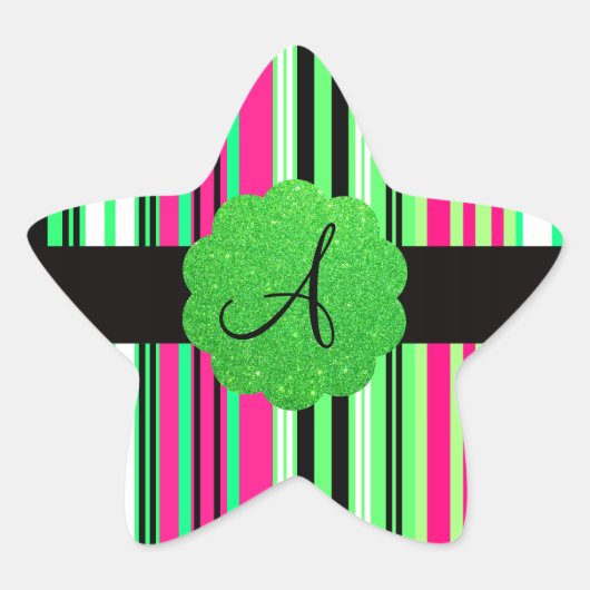 Groen roze zwart gestreepte monogram ster sticker (Voorkant)