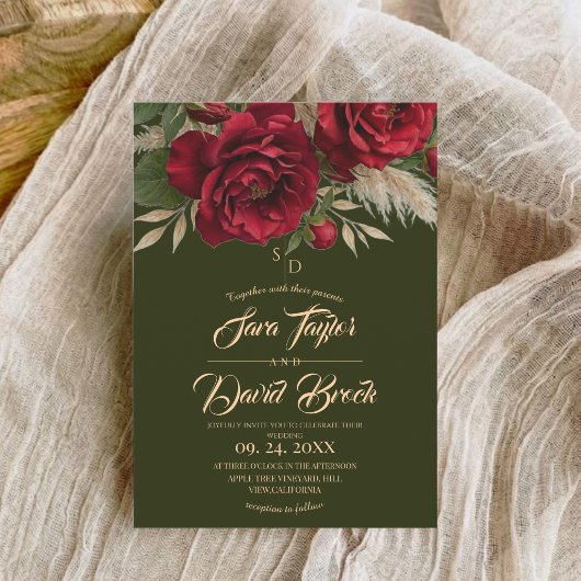 Groen & Rozen Bloemige Moderne Boho Bruiloft Kaart
