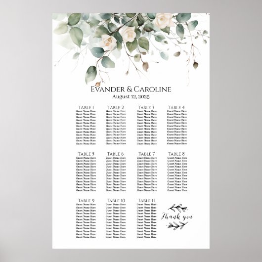 Groen & rozen bruiloft zitplaatsen grafiek 11 tafe poster (Voorkant)
