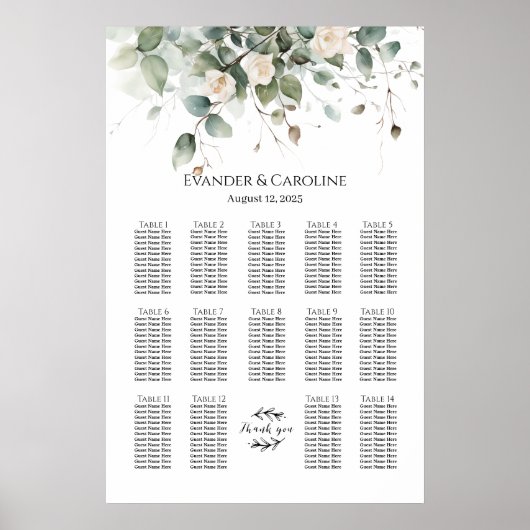 Groen & rozen bruiloft zitplaatsen grafiek 14 tafe poster (Voorkant)