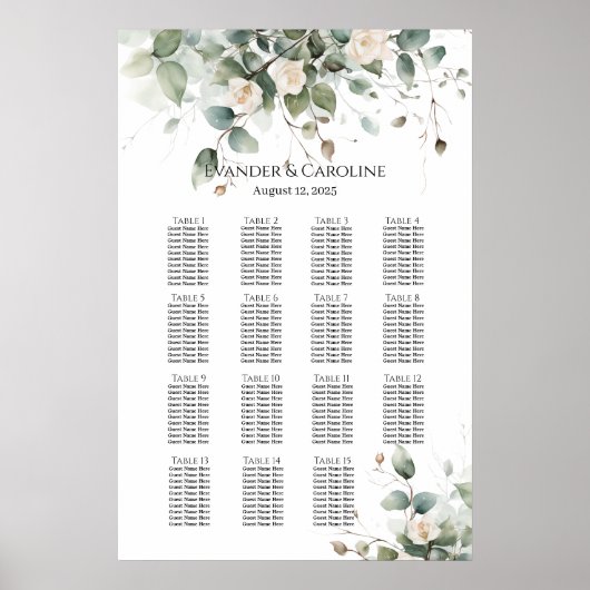 Groen & rozen bruiloft zitplaatsen grafiek 15 tafe poster (Voorkant)