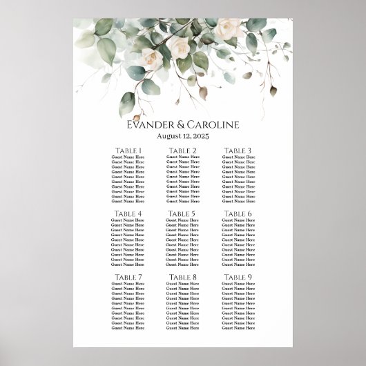 Groen & rozen bruiloft zittafel grafiek 9 tafels poster (Voorkant)