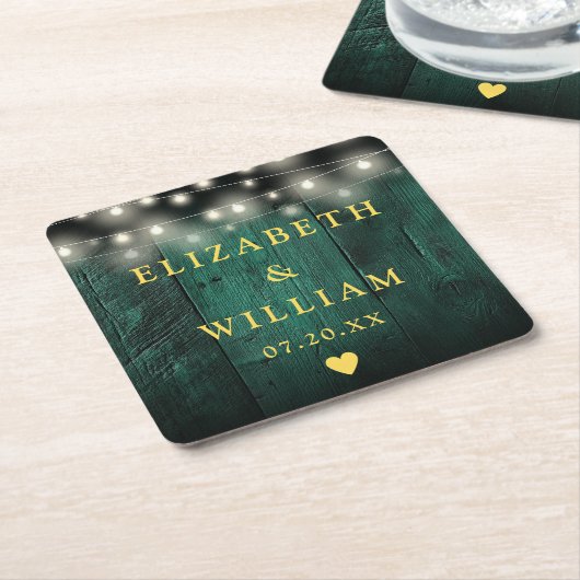 Groen Rustiek Hout Boho Schuur String Lights Weddi Kartonnen Onderzetters (Schuin)