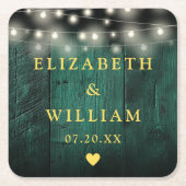 Groen Rustiek Hout Boho Schuur String Lights Weddi Kartonnen Onderzetters (Voorkant)