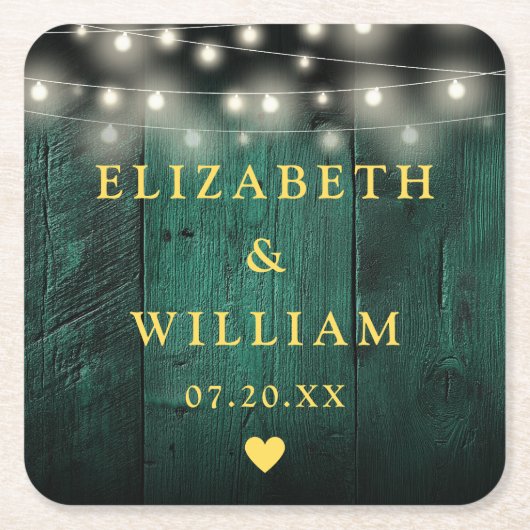 Groen Rustiek Hout Boho Schuur String Lights Weddi Kartonnen Onderzetters (Voorkant)