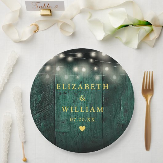 Groen Rustiek Hout Boho Schuur String Lights Weddi Papieren Bordje (Huwelijk)