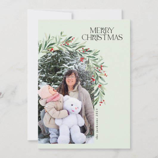 Groen Rustieke Foto Kerstmis Kaart Rode bessen (Voorkant)