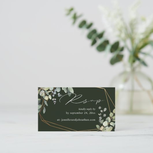 Groen Rustige Eucalyptus & Gold 2SM-medium RSVP Informatiekaartje (Staand voorkant)