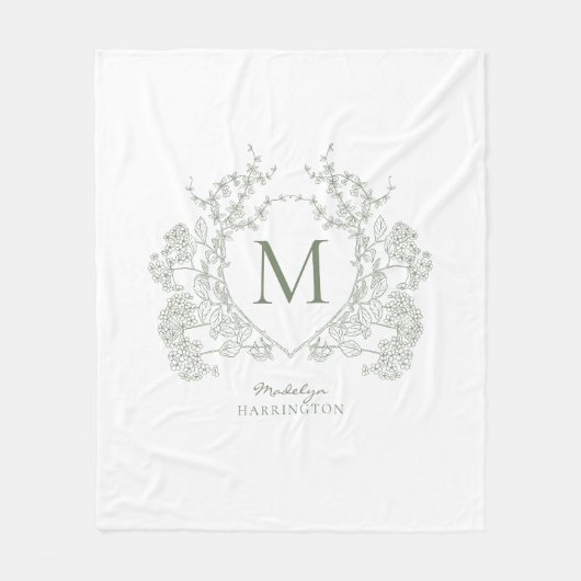  groen Sage Green Floral Crest Monogram Fleece Deken (Voorkant)