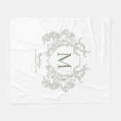  groen Sage Green Floral Crest Monogram Fleece Deken (Voorkant (Horizontaal))