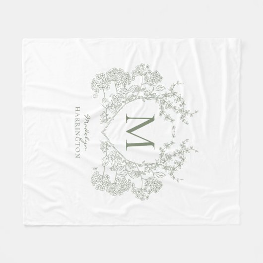 groen Sage Green Floral Crest Monogram Fleece Deken (Voorkant (Horizontaal))