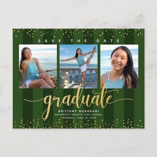 Groen save the date afstuderen foto gouden glitter uitnodiging briefkaart (Voorkant)