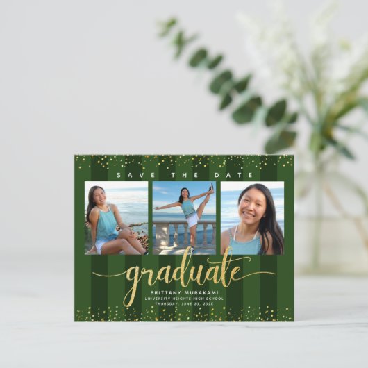 Groen save the date afstuderen foto gouden glitter uitnodiging briefkaart (Staand voorkant)