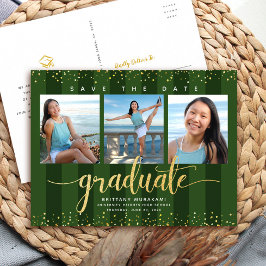Groen save the date afstuderen foto gouden glitter uitnodiging briefkaart