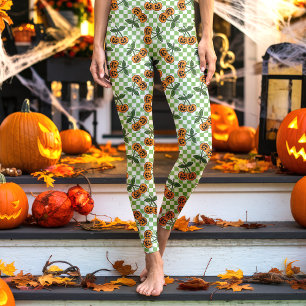 Groen Schaakbord Kers Pompoenen Patroon Leggings
