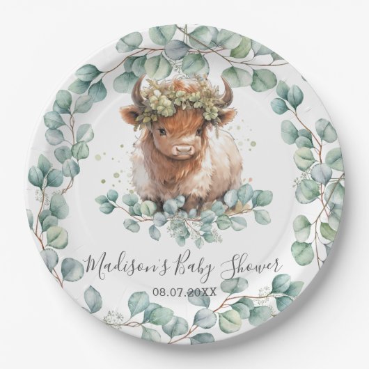 Groen Schattige Highland Koe Baby shower Verjaarda Papieren Bordje (Voorkant)