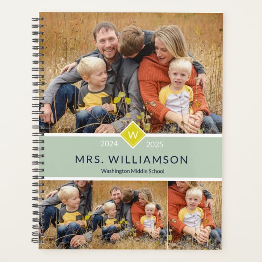 Groen Schattige Monogram en Photo Teacher Planner (Voorkant)