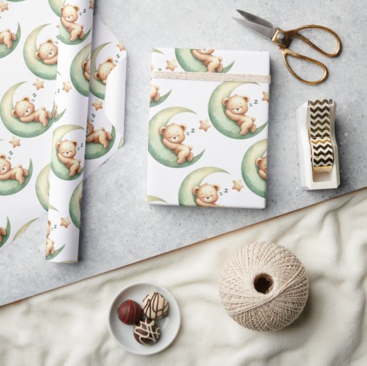 Groen schattige slapende teddybeer over de maan cadeaupapier (Crafts)