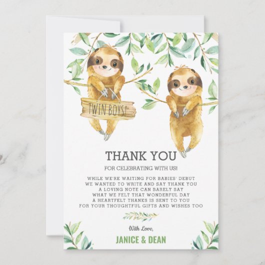 Groen Schattige Sloth Baby shower Twin Boys Bedankkaart (Voorkant)
