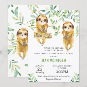 Groen Schattige Sloth Baby shower Twin Boys Twins Kaart