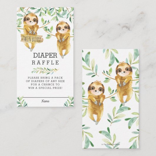 Groen Schattige Sloth Twin Baby shower Luier Raffl Informatiekaartje (Voorkant / Achterkant)