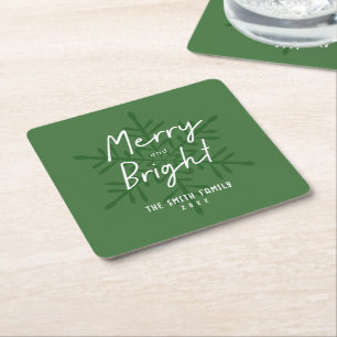 Groen Schrift Merry & Bright Sneeuwvlokken Kerstmi Kartonnen Onderzetters