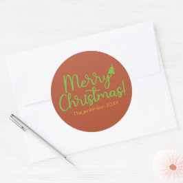Groen Schrift Prettig Kerstfeest op Roodbruin Ronde Sticker