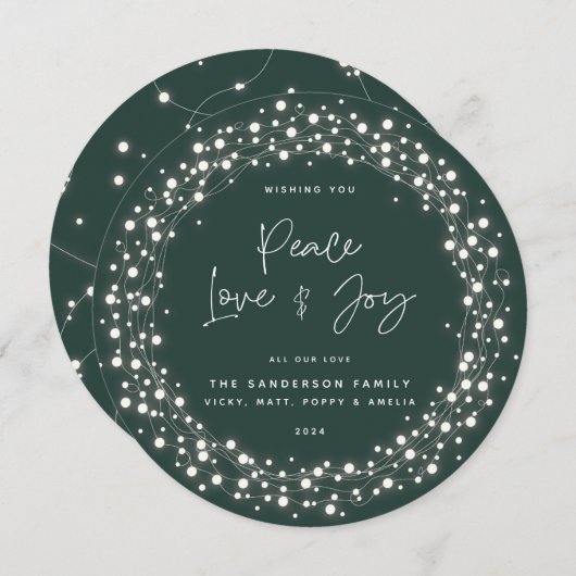 Groen Script Font Vrede Liefde+Vreugde Glitterende Feestdagenkaart (Voorkant / Achterkant)