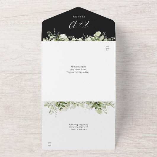 groen script hart zwart-wit bruiloft all in one uitnodiging (Buitenkant)