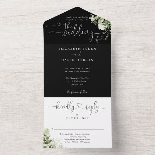 groen script hart zwart-wit bruiloft all in one uitnodiging (Binnen)