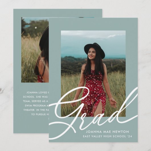 Groen Script Twee Foto Afstuderen Kaart (Voorkant / Achterkant)