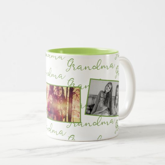 Groen script van oma met aangepaste foto's tweekleurige koffiemok (Voorkant rechts)