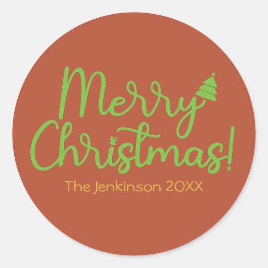 Groen Script Vrolijk Kerstfeest op Reddish-Brown Ronde Sticker (Voorkant)