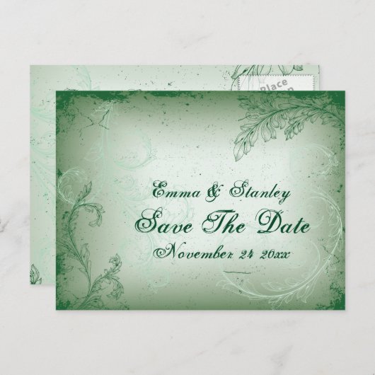 groen scrollblad Save the Date Aankondigingskaart (Voorkant / Achterkant)