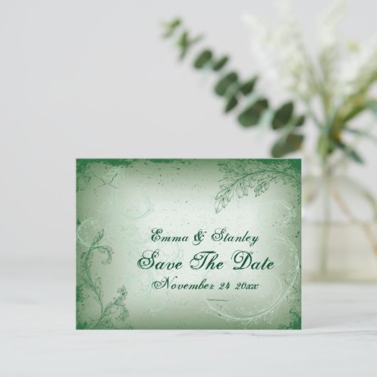 groen scrollblad Save the Date Aankondigingskaart (Staand voorkant)