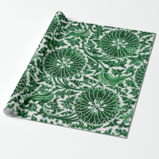 groen sierbloemmotief cadeaupapier (Uitgerold)