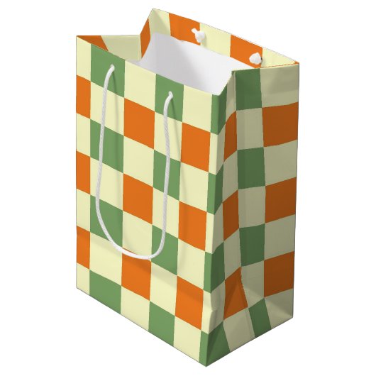 Groen Sinaasappel Bruin Geruit Gingham Patroon Medium Cadeauzakje (Voorkant Gekanteld)