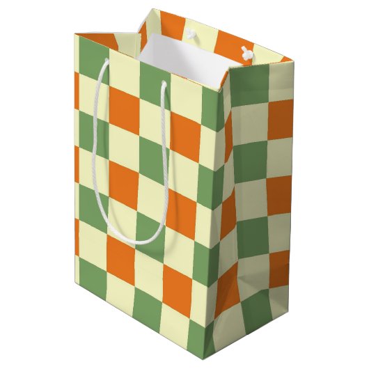 Groen Sinaasappel Bruin Geruit Gingham Patroon Medium Cadeauzakje (Achterkant Gekanteld)