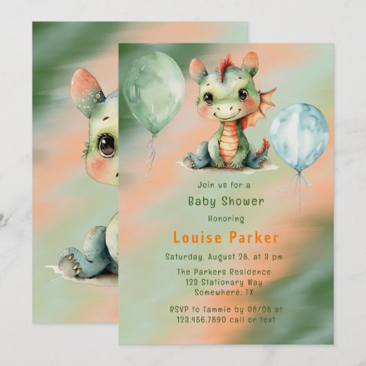 Groen Sinaasappel Dragon Boy Baby shower Kaart (Voorkant / Achterkant)